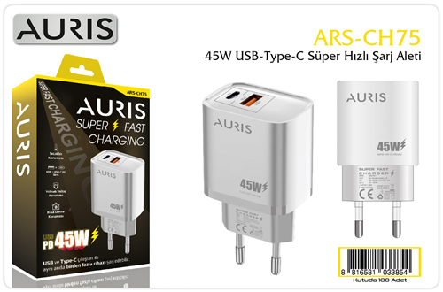 AURIS ŞARJ BAŞLIĞI USB VE TYPE-C ÇİFT GİRİŞ 45W  PK:10 